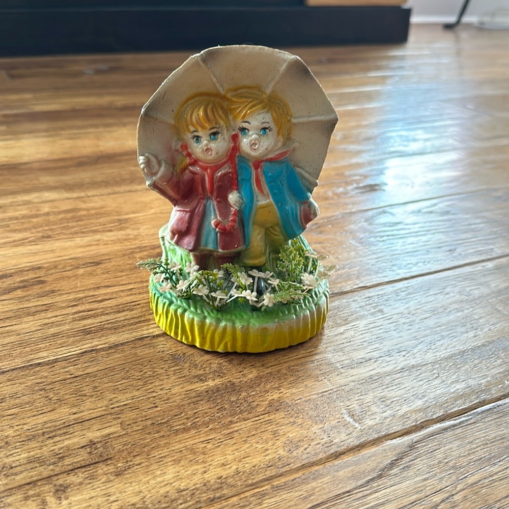 Vintage  "For A Rainy Day" Boy & Girl 6" Plastic Umbrella Money Coin Bank